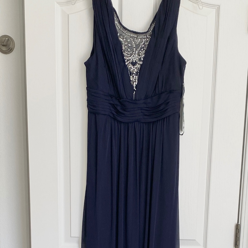 Scarlett V-Neck Dress Floor length Evening Gown in Navy with Jewel Detail